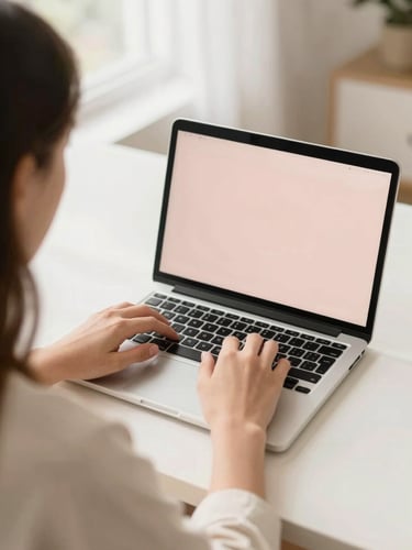 Over-the-shoulder workspace view of a young woman typing on a MacBook, bright soft natural daylight, warm cream and blush tones, 35mm