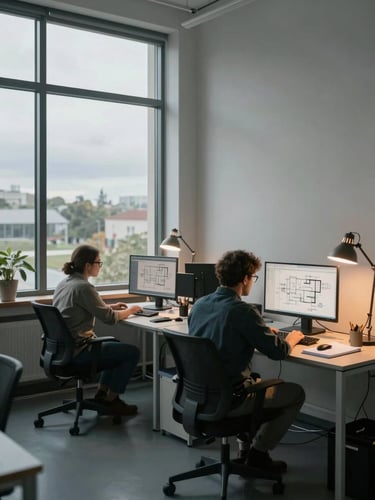 Wide environmental shot of a quiet open-plan engineering office, two engineers at adjacent workstations reviewing architectural diagrams on monitors, overcast daylight streaming through large windows to the left, warm tungsten desk lamps illuminating keyboards and notebooks, the right wall of the frame blending into the canvas edge