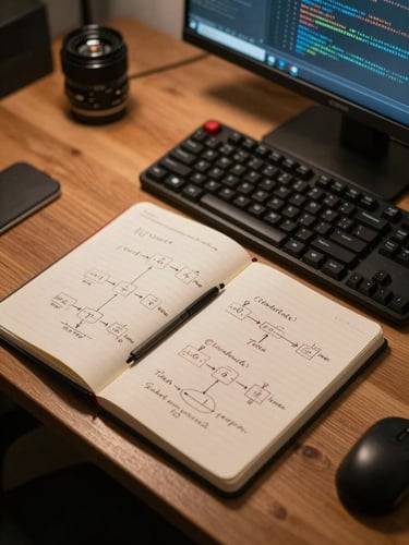 Close overhead study of a developer's desk: open notebook with handwritten integration flow diagrams, a mechanical keyboard, and a monitor edge showing API response JSON, warm tungsten desk light, shallow depth of field on the notebook, no person visible