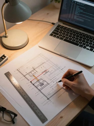 Close overhead shot of an engineer's desk — printed architectural diagrams annotated with pencil markings, a ruler aligned along a system boundary line, a half-open laptop showing a terminal window in the upper right, warm tungsten desk lamp light from the left, no people visible, quiet and focused