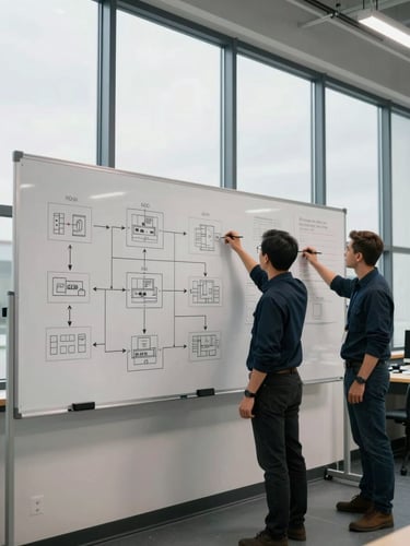Wide shot of a logistics operations room, two team members standing at a large whiteboard covered in flow diagrams and system architecture sketches, overcast daylight through tall windows, no staged posing — both are actively writing and pointing at the diagram