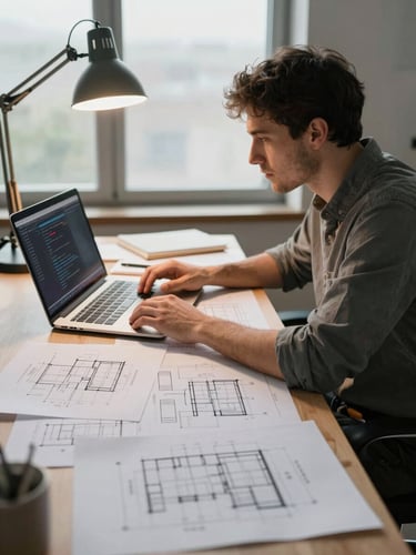 Medium shot of a software architect seated at a large desk covered in printed architecture diagrams and a laptop showing terminal output, warm tungsten desk lamp casting focused light on hands and papers, overcast window light behind, no eye contact with camera, genuinely working
