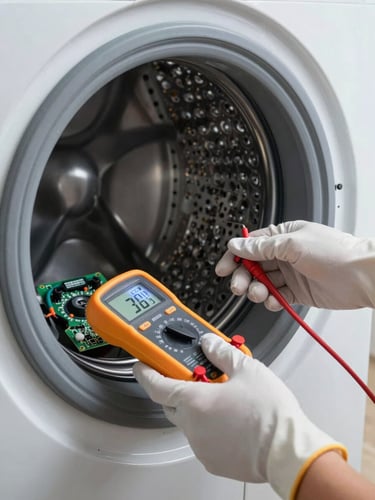 Close-up of clean, gloved hands testing a digital control board of a modern washing machine with a multimeter, bright cool LED light.
