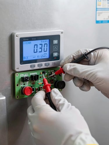 Macro clean shot of gloved hands adjusting a digital refrigerator control board with a multimeter, bright cool LED lighting, stainless steel background.