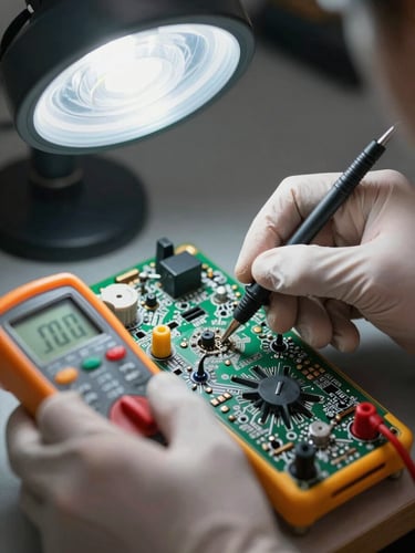 Macro shot of clean, gloved hands testing a digital control board with a multimeter under crisp white LED utility light, showing technical precision.