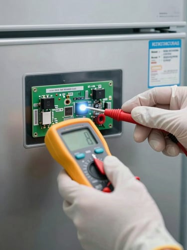 Macro shot of clean, gloved hands testing a digital refrigerator control board with a yellow multimeter, bright cool-toned LED light, sterile steel background.