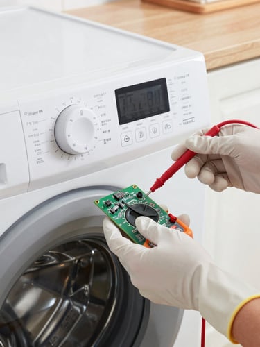 Macro shot of clean, gloved hands testing a digital control board of a modern washing machine with a digital multimeter in a bright kitchen.