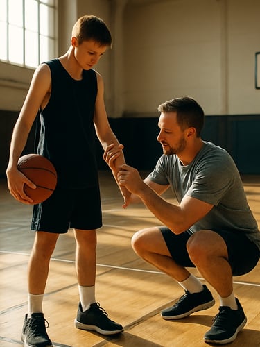 Court-floor level wide shot, a coach crouching beside a youth athlete at the net, hands adjusting the player's arm position, natural gym daylight from high side windows casting clean shadows on the hardwood court lines below