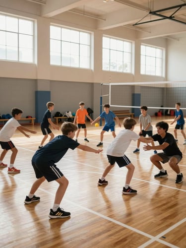 Court-floor level wide shot inside a clean gymnasium, a group of young players ages 8–12 in athletic gear practicing a forearm pass drill, arms extended and bodies low, a coach crouching nearby demonstrating form, bright natural light streaming from high gym windows, court lines and net visible in the background