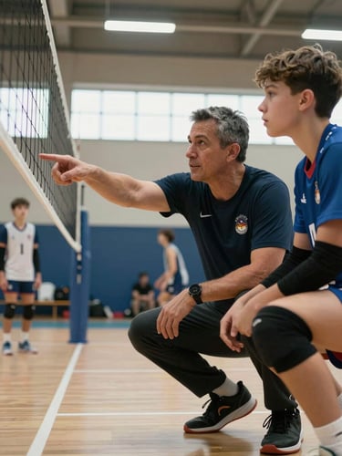 Close-up court-level framing of a coach crouching beside a young athlete on a volleyball court, coach pointing toward the net while athlete watches attentively, gym lighting from high windows, court lines sharp in foreground, net visible in the mid-distance, athletic gear and focused expressions, no posed smiling