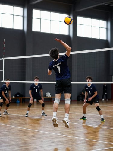 Court-floor level wide shot, competitive volleyball player mid-air spike approach, arm cocked high above net, gymnasium with high windows flooding in natural light, court lines sharp in foreground, teammates in defensive stance behind, motion-frozen by strobe, background compressed to dark charcoal