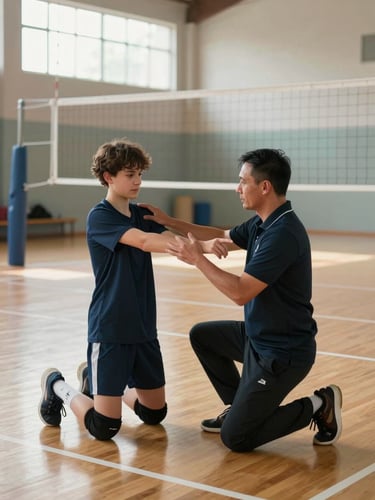 Court-floor-level wide shot inside a clean volleyball gymnasium, a coach in a polo shirt kneeling beside a teenage athlete demonstrating hand-setting technique, court net visible in background, high-window natural gym daylight, focus on hands and forearm positioning, no posed smiling — both figures mid-correction