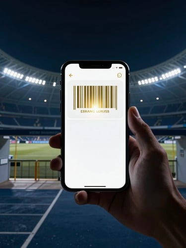 Dramatic editorial photography of a smartphone displaying a digital ticket with a glowing gold barcode, held in hand at a dark stadium entrance, high-contrast stadium lighting, deep midnight blue tones, wide-angle lens.