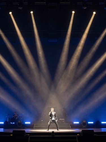 Tight, high-energy action shot of a performer on stage under dramatic concert lighting, deep midnight blue and gold tones, wide-angle lens