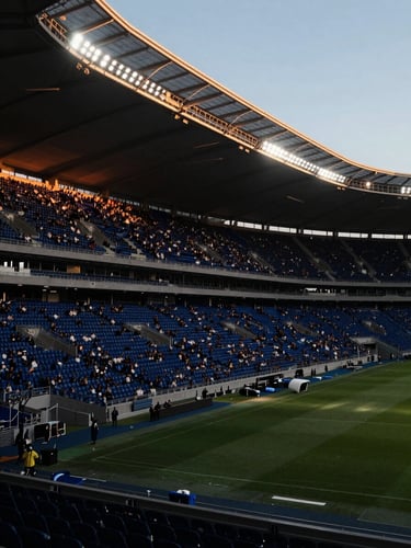 Dramatic environmental shot of a packed stadium under golden hour flares, high-contrast lighting, wide-angle lens