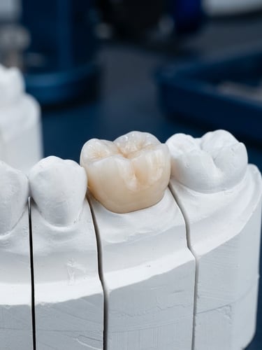 Macro close-up of a hand-finished ceramic dental crown resting on a pristine stone model, bright clean studio lighting, shallow depth of field, emphasizing natural translucency and marginal integrity.