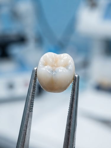 Macro close-up of a hand-finished ceramic crown held in tweezers under bright clinical studio lighting, shallow depth of field