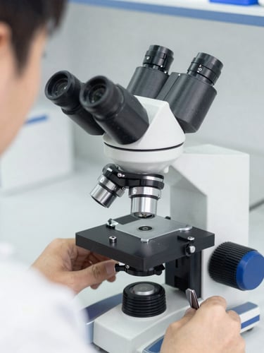 Over-the-shoulder shot of a master ceramist working with a high-magnification microscope in a pristine white laboratory environment, soft natural daylight