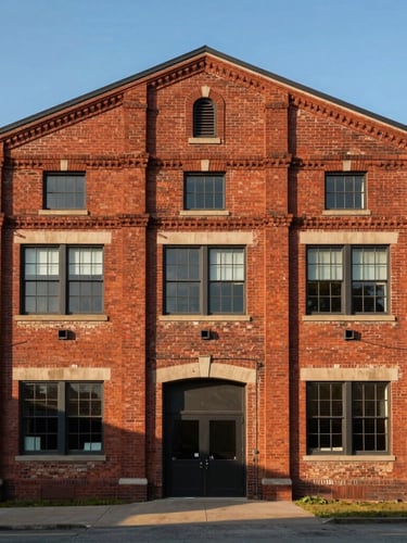 Straight-on architectural view of a clean, revitalized red-brick industrial warehouse in Mckeesport under clear morning light, showing structural stability.