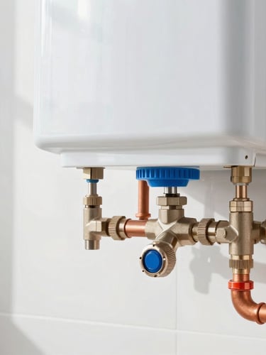 A clean, newly installed water heater with polished copper pipes in a bright, well-lit utility room, sharp focus.