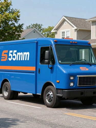 A clean branded blue service truck parked on a sunny Richmond suburban street, bright daylight, sharp focus, 35mm