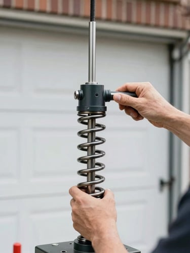 A technician calibrating a heavy-duty residential garage door torsion spring with precise hand tools.