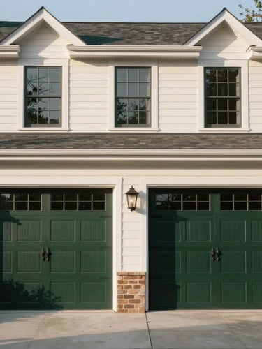 Symmetrical architectural elevation of a historic Franklin home featuring premium dark green carriage-house garage doors, natural warm morning light, crisp details