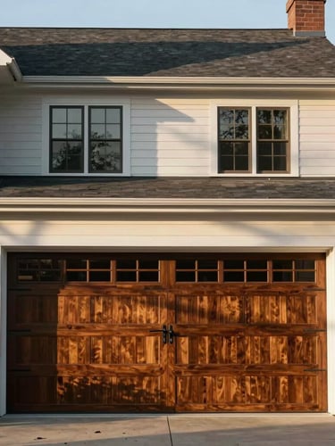 Symmetrical architectural elevation of a historic Franklin home with a premium stained wood carriage-house garage door, warm morning light, soft shadows.