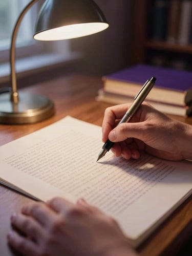 Hands marking up a physical manuscript with a fountain pen, warm desk lamp lighting, focus on paper texture.