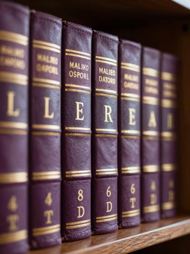 Macro shot of physical monograph spines on a dark oak library shelf, gold foil lettering on leather, warm soft window light, shallow depth of field