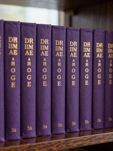 A close-up of printed monograph spines on a dark oak shelf, soft library window light, gold foil lettering on violet book covers.