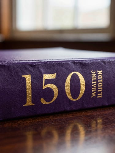 Macro shot of a printed monograph spine with gold leaf lettering, resting on a dark wooden library table under warm window light, 35mm photography