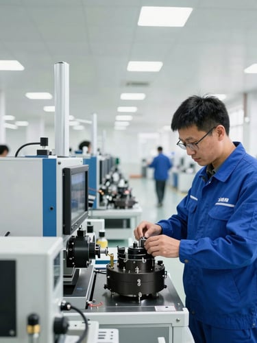 Wide environmental shot of a clean, modern Chinese manufacturing plant floor, bright industrial daylight, quality control inspector in blue uniform examining mechanical components, professional 35mm photography