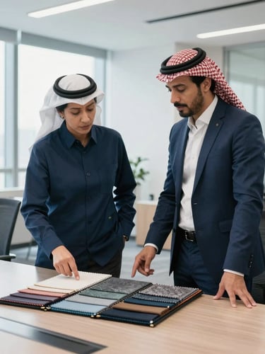 A medium shot of a Saudi businessman in a modern office meeting room in Shenzhen, discussing fabric samples with a Chinese manufacturer, guided by a professional female translator, bright natural light.