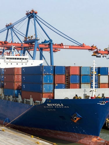 Wide environmental shot of a busy shipping port in China, cargo ships loaded with blue and red containers, bright daylight, professional editorial photography