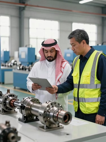 Professional Chinese factory floor, Saudi trade inspector in a safety vest examining high-quality manufactured machinery parts, bright industrial daylight, sharp focus