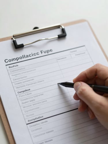 Tight macro shot of a hand holding a clipboard with compliance checklists, clean organized paperwork, natural overcast daylight.