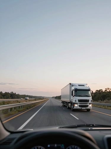 Wide-angle dashboard view of the open highway at dawn, natural overcast light, clean slate tones, professional trucking perspective.