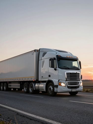 Wide shot of a heavy-duty semi-truck driving on an open highway at early morning dawn, clean highway asphalt, dramatic low horizon.