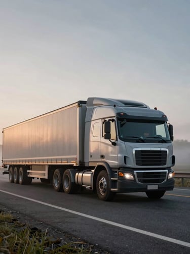 Wide environmental shot of a heavy-duty semi-truck in motion on an open highway at early morning dawn, misty atmosphere, asphalt gray tones.