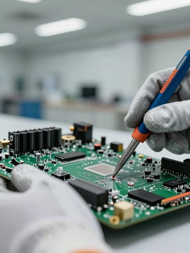 Close-up of hands wearing heavy-duty protective gloves dismantling a computer motherboard with precision tools, clean industrial warehouse lighting, deep green and silver tones.