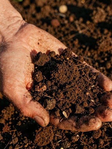 Macro close-up of dark, rich organic soil being held by a farmer's hand, warm golden hour sunlight, high contrast shadows, 35mm film look