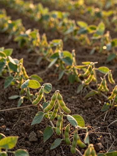 Close-up macro shot of healthy green soy plants with mature pods, warm golden hour sunlight, low-angle natural light, rich soil texture visible