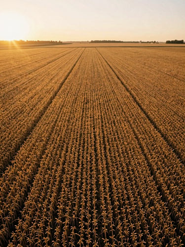 Wide-angle aerial shot of expansive golden soy fields at sunset, warm golden hour sunlight filtering through, rich soil background, 35mm film look