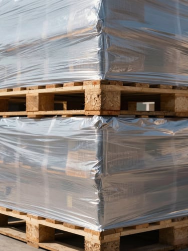Close-up of neatly stacked bulk pallets wrapped in durable clear stretch film, bright daylight warehouse environment, high clarity, zero dramatic shadows.