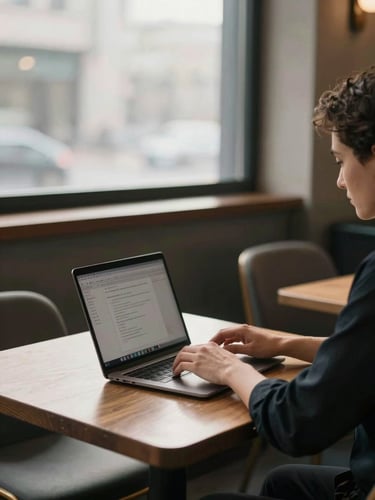 Portrait-orientation editorial photograph of an agency staffer reviewing a laptop screen in the corner of a quiet restaurant dining room—chairs around them, afternoon light through a frosted window casting a soft rectangle across the table, no face visible, hands on keyboard