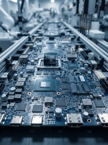 Gros plan sur des circuits imprimés de haute précision, des puces électroniques et des composants sur une ligne d'assemblage moderne, éclairage studio froid, tons bleus et gris, focus net, style corporate-industriel.