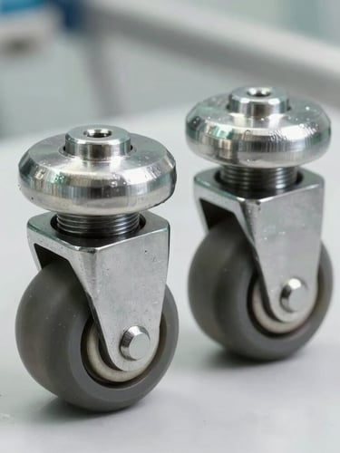 Macro shot of heavy-duty stainless steel hospital bed castor wheels, industrial precision threading, bright neutral clean-room lighting