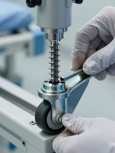 Macro shot of a technician's gloved hands tightening a heavy-duty steel castor on a hospital bed frame, bright clean-room lighting, sharp focus on the mechanical threading.