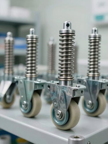 Macro close-up of heavy-duty stainless steel hospital castor wheels and hydraulic gas springs, clean-room style bright neutral lighting, organized sterile warehouse shelving in the soft-focus background, industrial precision.